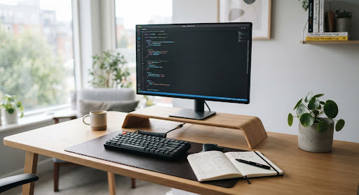 A minimalist workspace with a monitor displaying elegant lines of code